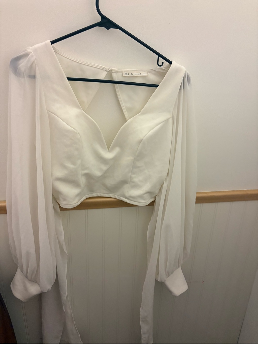 Here Comes The Sun Womens US 6 White Corset Crop Top Sheer Balloon Sleeve
